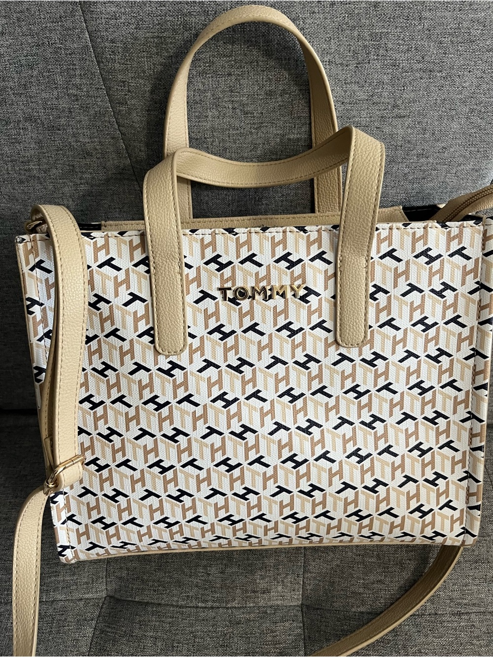 Tommy Hilfiger Beige and Navy Logo Tote with Dual Handles